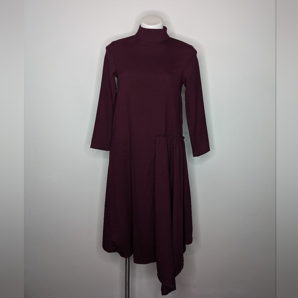 Tweed Purple Long Sleeve Asymmetrical Midi Dress S